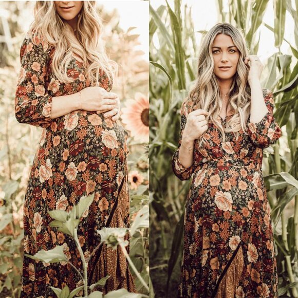 Farm Rio Madrid Maxi Dress Anthropologie Floral Gold Yellow Wrap High Low XS - Picture 2 of 12